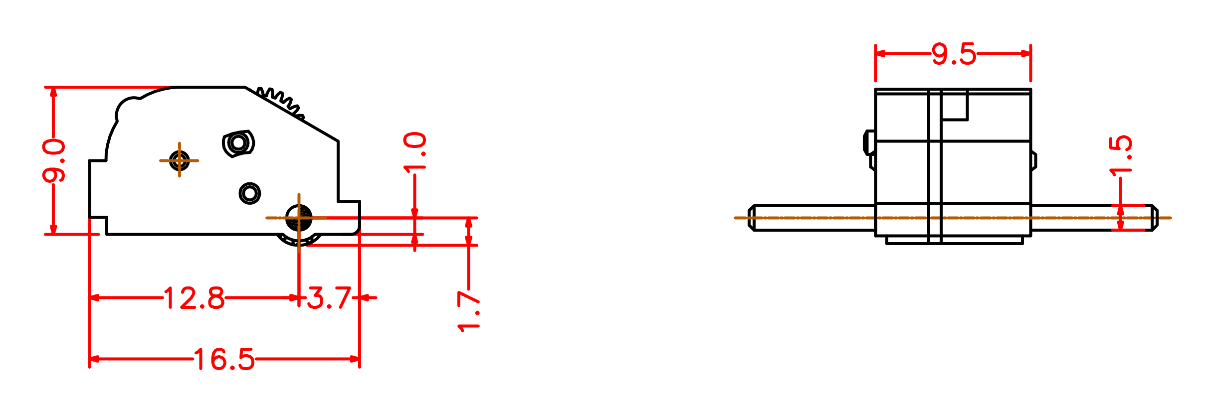 Dimensioned drawing of the Ant pull-back motor: 16.5 mm long, 9.5 mm wide, 9 mm tall, 1.5 mm axle shaft