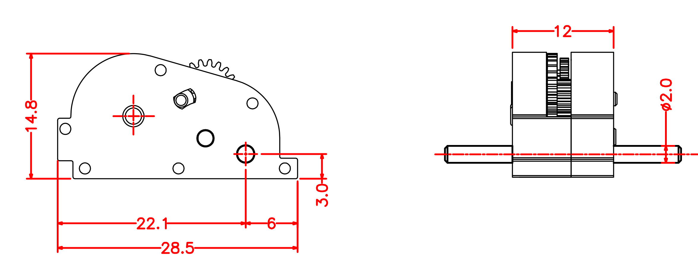 Dimensioned drawing of the Stout pull-back motor: 28.5 mm long, 12 mm wide, 14.8 mm tall, 2 mm axle shaft